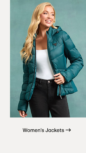 image of a female model in a jade green hooded quilted nylon jacket