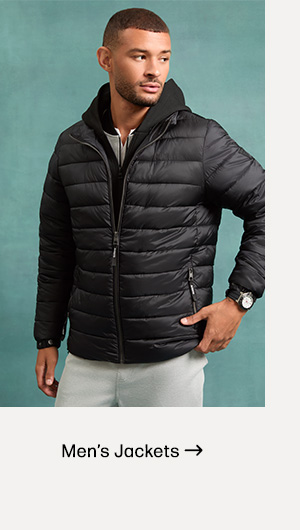 ] image of a male model in a black hooded nylon quilted jacket