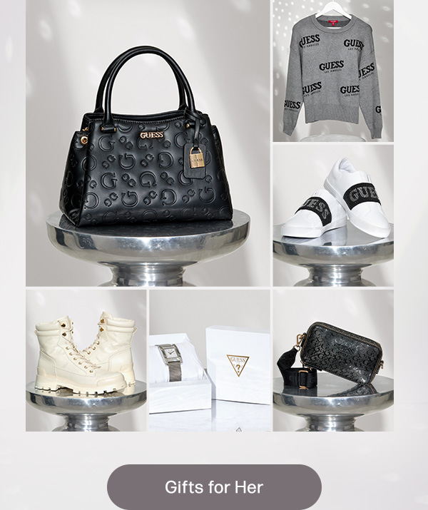 photo grid of gifts for women at GUESS Factory’s Holiday Gift shop page