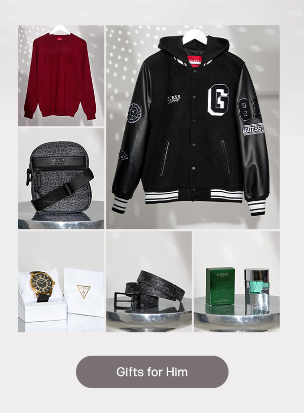 photo grid of gifts for men at GUESS Factory’s Holiday Gift shop page