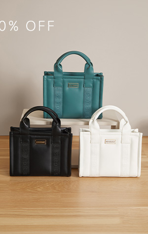 image of three mini tote bags with logo tape in black, teal and white colorways