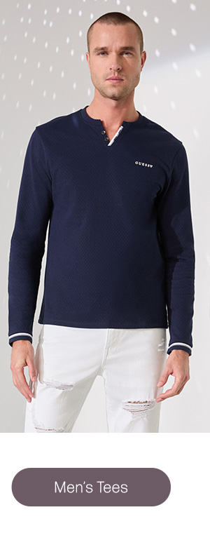 image of a male model in a navy long-sleeve tee with V-slit and chest logo detail