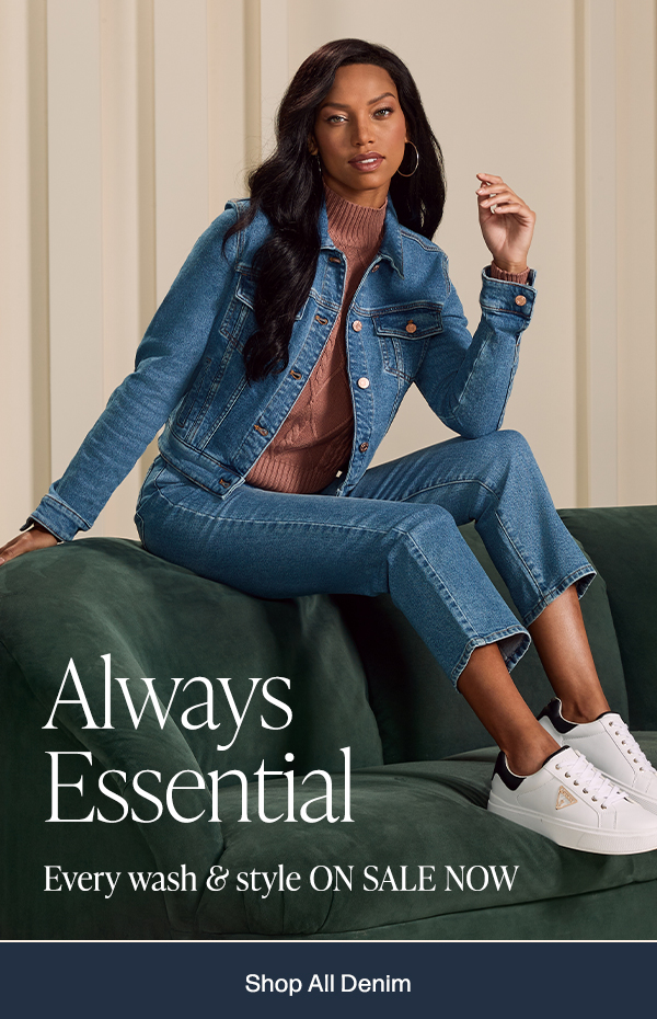 up to 50% off sitewide featuring denim jacket and straight leg jeans