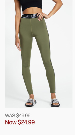 image of a pair of green leggings with logo tape band now on sale