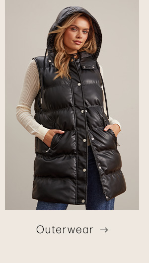 image of a longline faux-leather puffer vest with hood