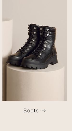 image of a pair of faux-leather ankle boots with rubber lug sole and lace-up vamp