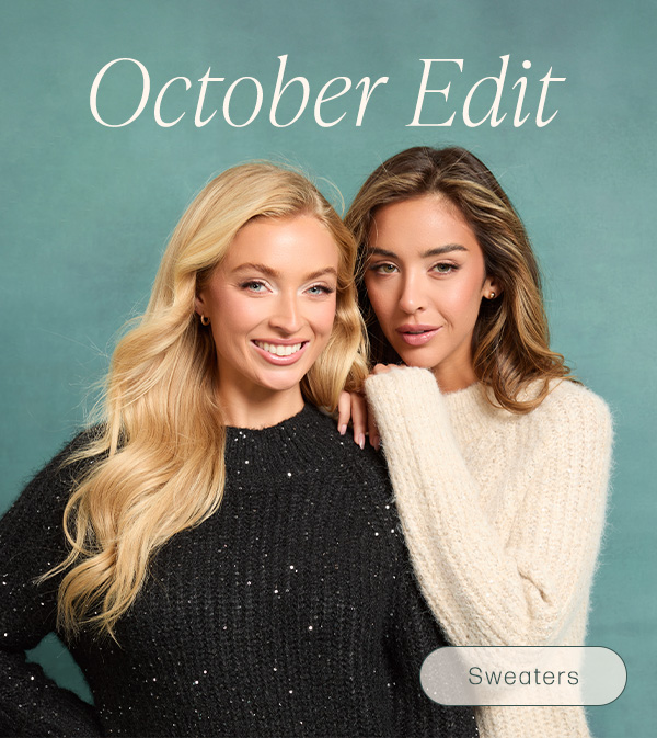 image of two models in knit crewneck sweaters with metallic details