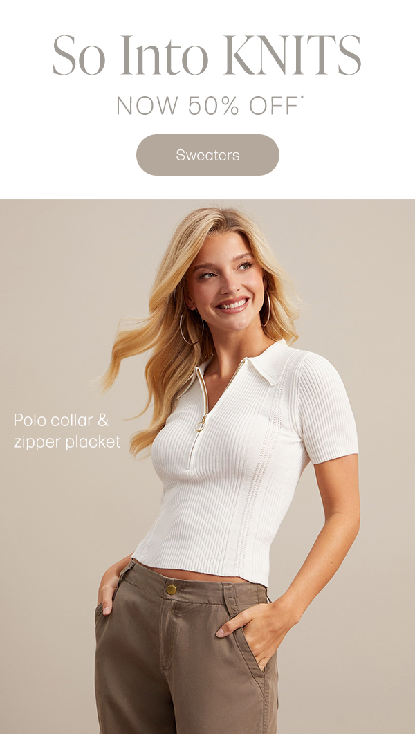 image of a model in a white rib-knit sweater top with polo collar and zip placket