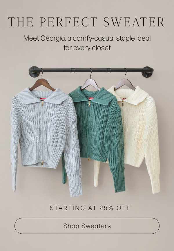 image of three chunky-knit sweaters in various colors with a two-way zip closure