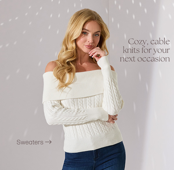 image of a model in white cable-knit off-the-shoulder sweater on sale